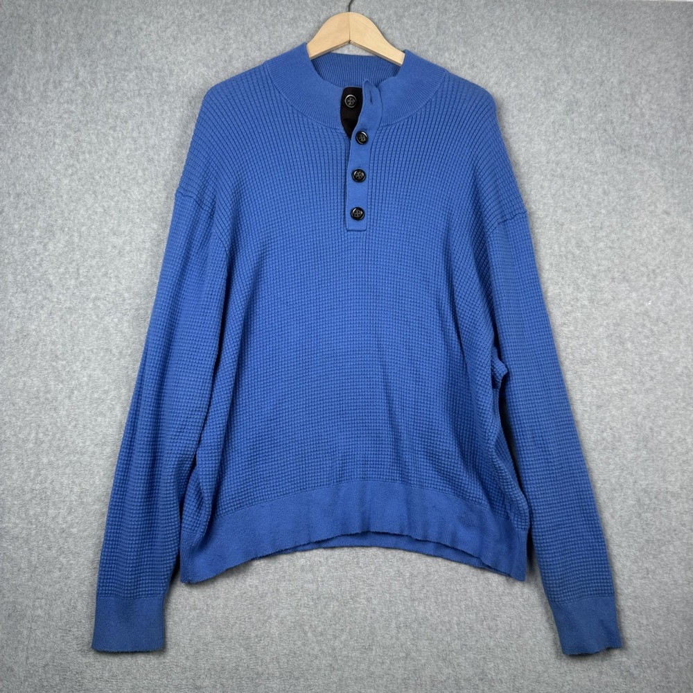 Cremieux Sweater Mens XXL Blue Pima Cotton Cashmere Waffle Knit Henley Mock Neck